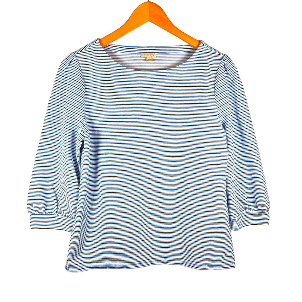 Talbots Petite Striped 3/4 Sleeve Knit Top Blue White Petite Medium PM Nautical